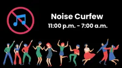 people dancing with a music note crossed out to show that music is not permitted past 11:00 p.m.
