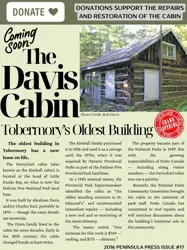 Poster highlighting Davis Cabin, Tobermory’s oldest building, with a photo of the historic log structure and background on its restoration and heritage significance.