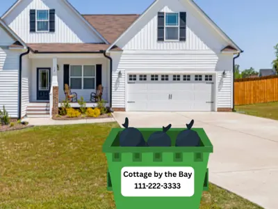 picture of a white house with a garbage bin out front on the driveway.