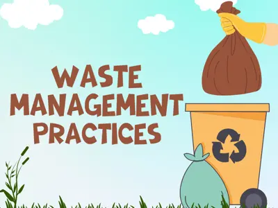 Waste Management sign with an bag of garbage and a recycling bin