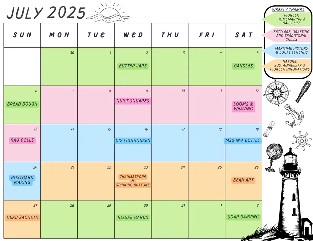 July 2025 activity calendar with themed weekly programs including crafts, history, and sustainability at a heritage site.