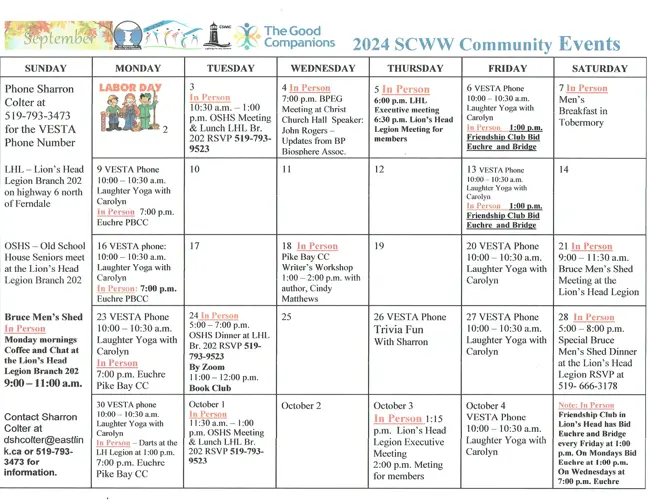 Grey Bruce Seniors Centre without walls September calendar
