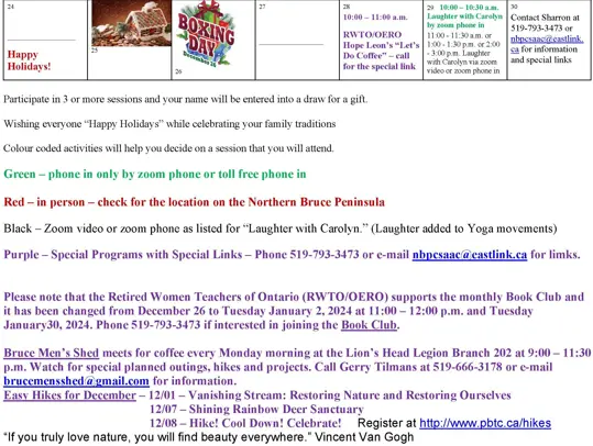 Grey Bruce Seniors Centre without walls December calendar