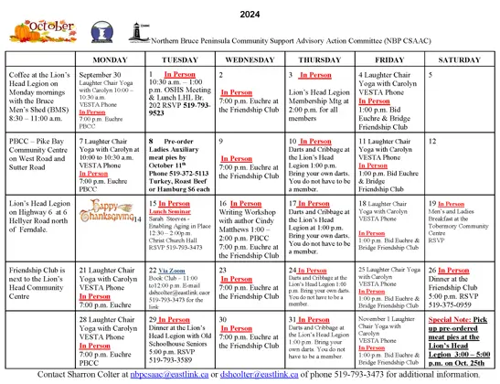 October 2024 Calendar Bruce Grey Senior Centre Without Walls