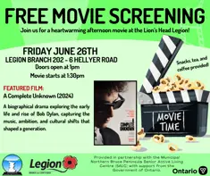 Green free movie screening poster for A Complete Unknown at the Lion’s Head Legion on June 26.