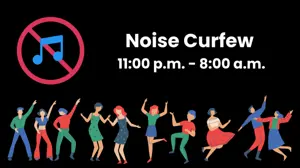 people dancing with a music note crossed out to show that music is not permitted past 11:00 p.m.