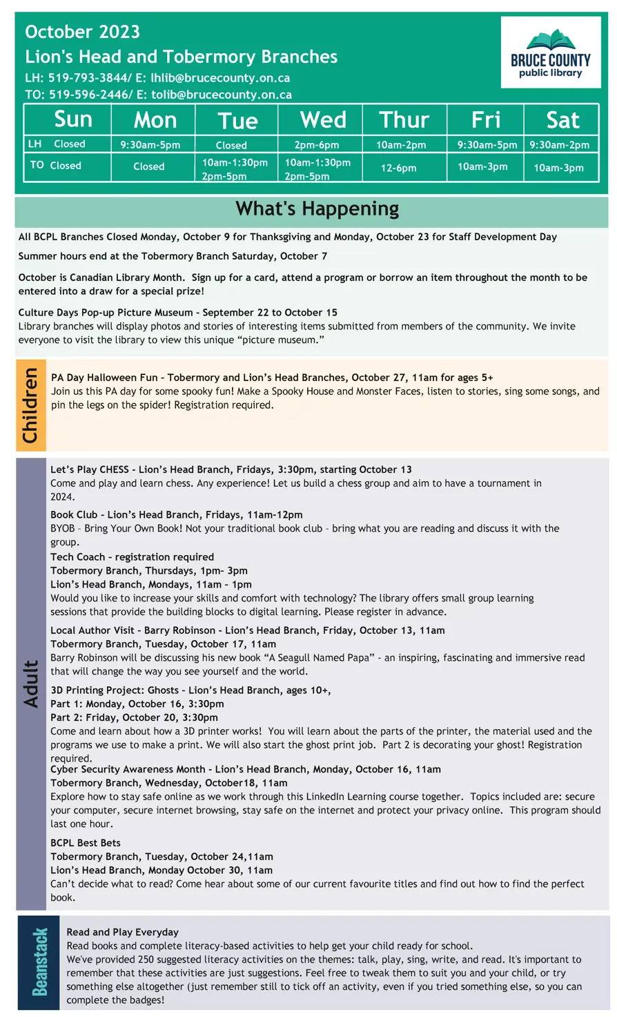 Bruce County Public Library October Calendar