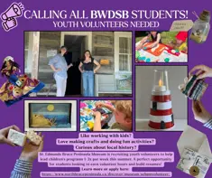 Poster calling for BWDSB student youth volunteers, showing kids’ crafts, museum activities, and hands-on programming at St. Edmunds Bruce Peninsula Museum.