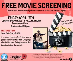 Red free movie screening poster for West Side Story at the Lion’s Head Legion on April 17.
