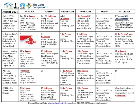 Grey Bruce Seniors Centre without walls August calendar