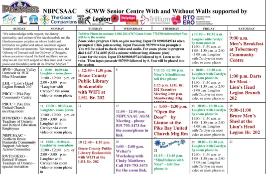 Grey Bruce Seniors Centre without walls December calendar