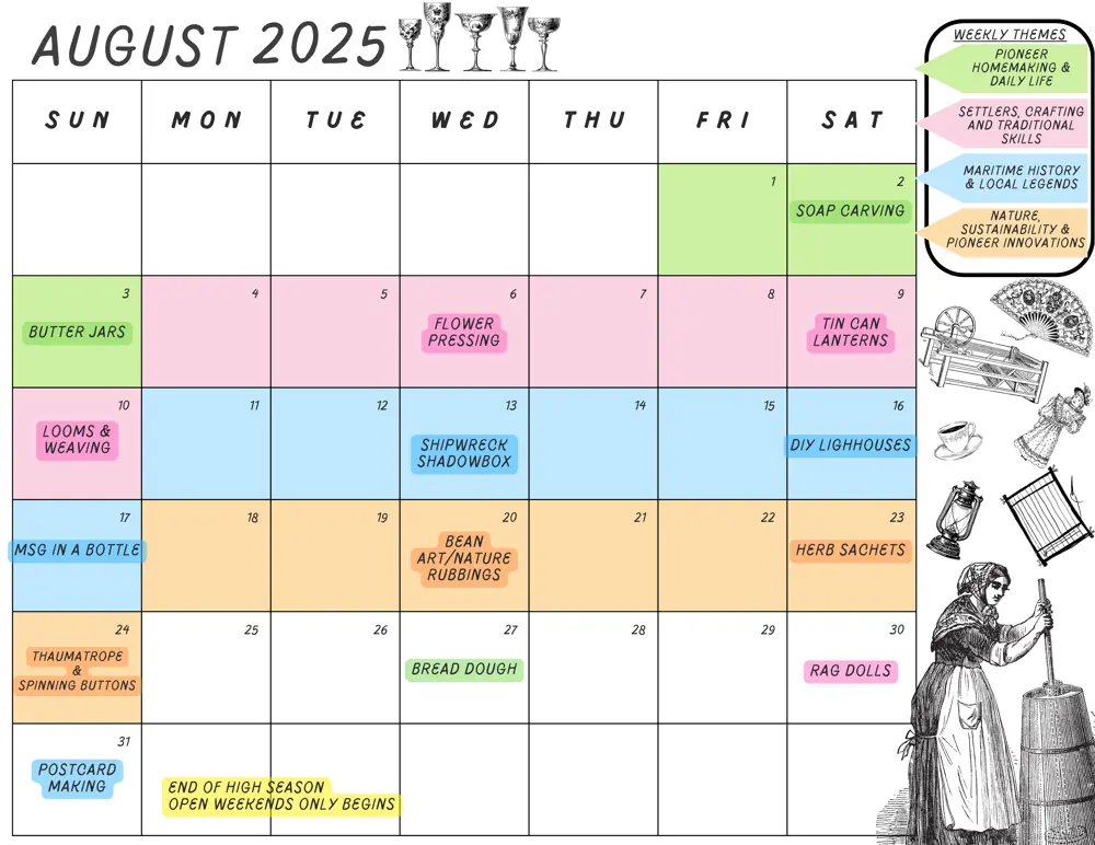 August 2025 calendar of weekly heritage-themed activities, featuring hands-on crafts and educational programs focused on pioneer life, traditional skills, maritime history, and sustainability.