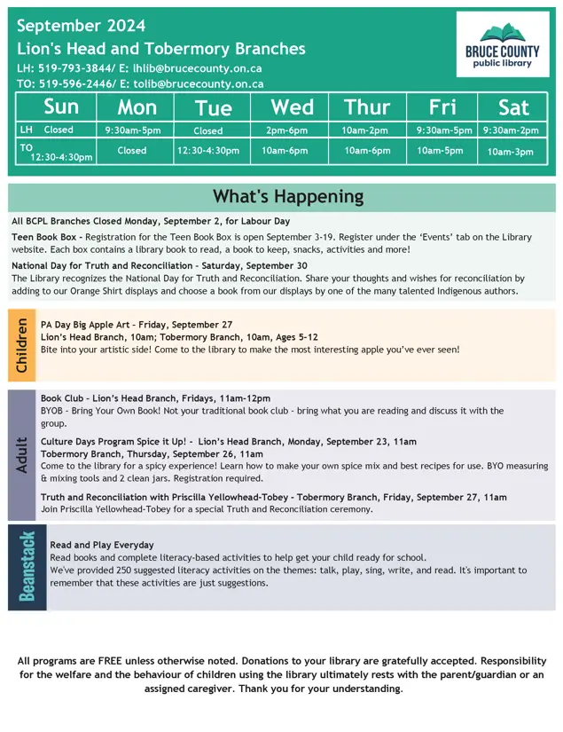 Bruce County Public Library September Calendar